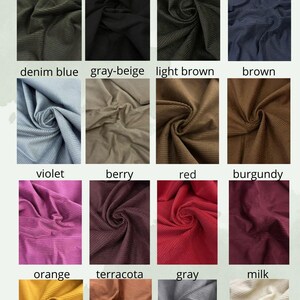 May include: A fabric swatch display showcasing corduroy in various colors, including khaki, black, dark khaki, navy blue, denim blue, gray-beige, light brown, brown, violet, berry, red, burgundy, orange, terracotta, gray, and milk. The text "Corduroy, 100% cotton" is visible.