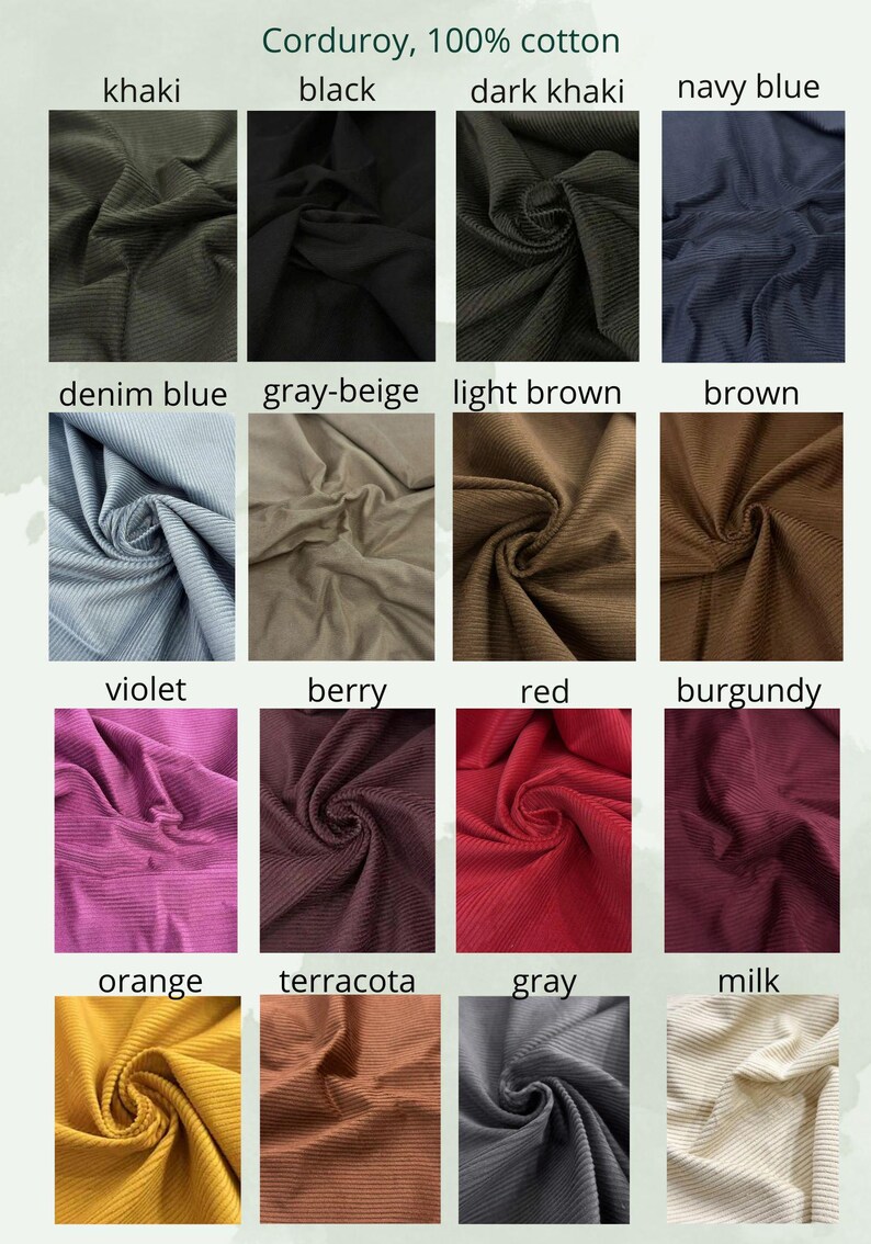 May include: A fabric swatch display showcasing corduroy in various colors, including khaki, black, dark khaki, navy blue, denim blue, gray-beige, light brown, brown, violet, berry, red, burgundy, orange, terracotta, gray, and milk. The text "Corduroy, 100% cotton" is visible.