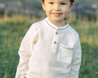 Embroidery White Linen Boys Shirt, Personalized Decorated Front Linen Shirt, Long Sleeves Boys Shirt