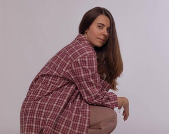 Chemise en flanelle de laine à carreaux mauve pour femme, chemise boutonnée surdimensionnée, surchemise chaude à manches longues boutonnée printemps-automne