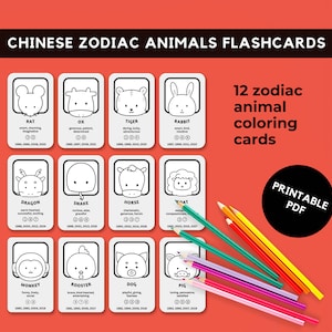 Cartes imprimables animaux du zodiaque chinois, cartes-éclair à colorier du zodiaque animal, nouvel an lunaire, année du dragon 2024, activité de coloriage pour enfants