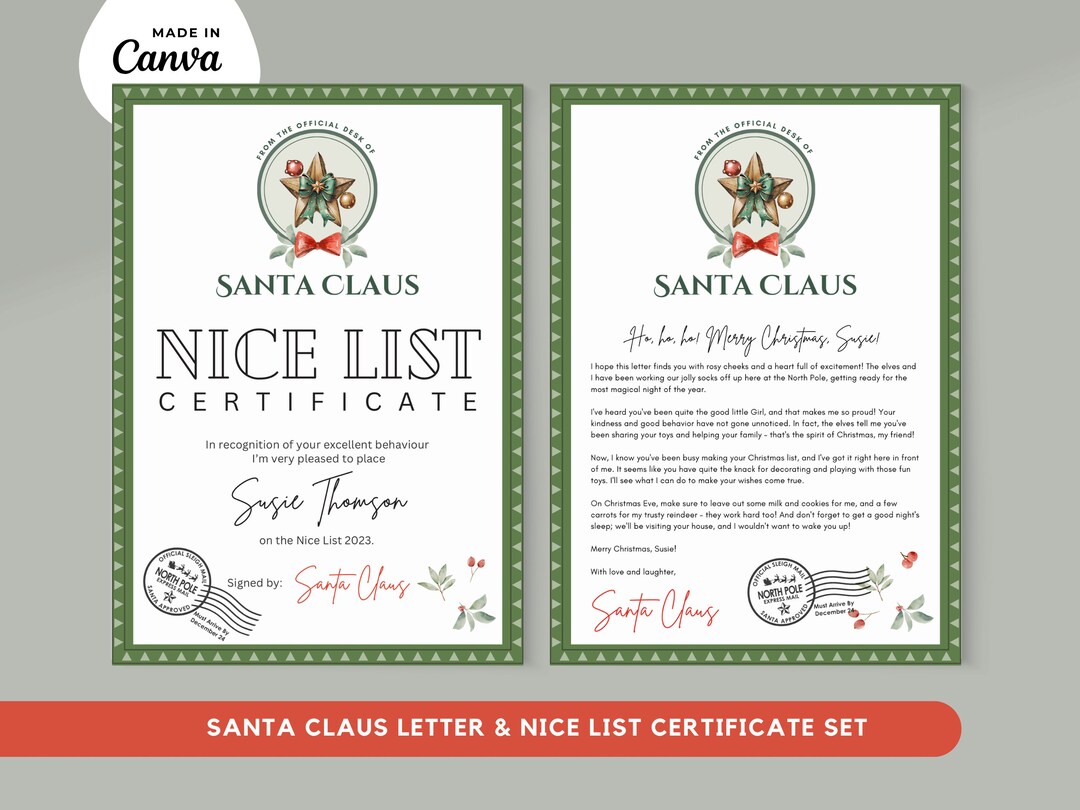 Editable Santa Letter & Nice List Certificate Set (digital Download) - Etsy