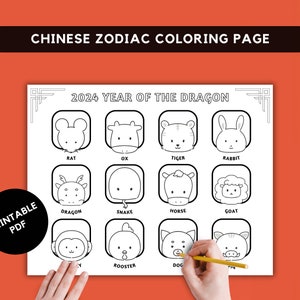 Printable Lunar New Year zodiac animals coloring page, Chinese New Year coloring page, Year of the Dragon, animal zodiac coloring placemat