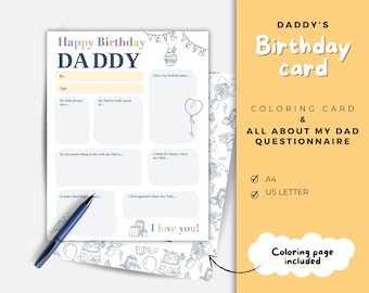 Daddy Birthday Card: Kids Coloring Page & Questionnaire (Digital Download)