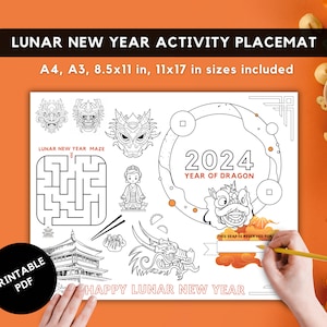 Printable Lunar New Year coloring page, Chinese New Year coloring placemat, 2024 Year of the Dragon, Dragon coloring page, activity for kids