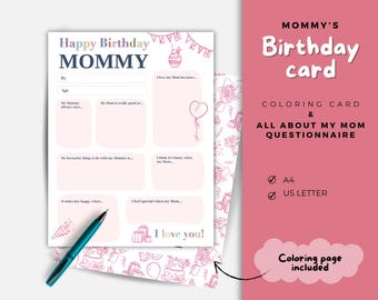 Mom Birthday Card: All About Mommy Questionnaire, Coloring Page (PDF)