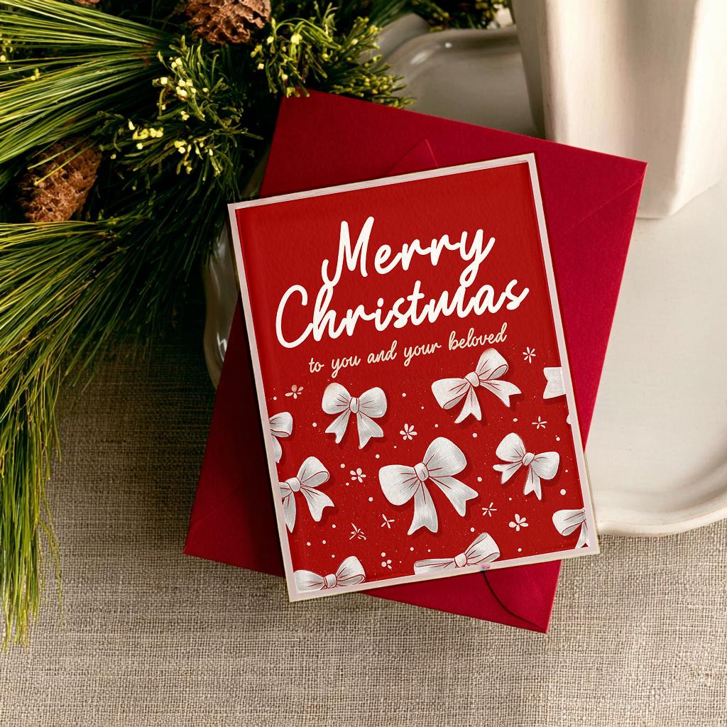 Modern Christmas Bow Printable Art, Red Ribbon Digital Holiday Card ...