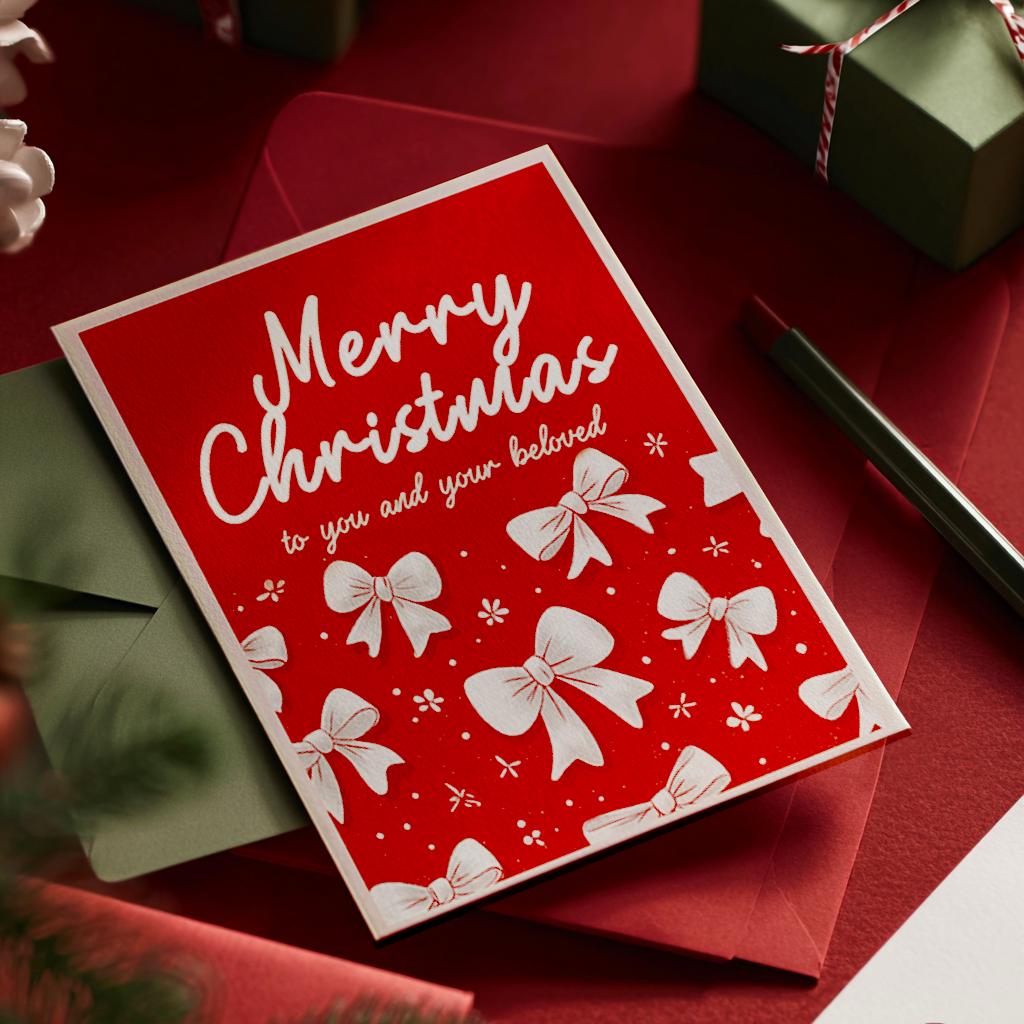 Modern Christmas Bow Printable Art, Red Ribbon Digital Holiday Card ...