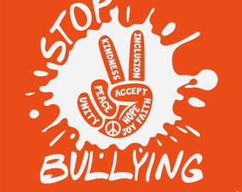 May include: White peace sign with the words "STOP BULLYING" around it. The peace sign is made up of words like "kindness", "inclusion", "accept", "peace", "unity", "hope", "joy", and "faith".