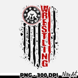 May include: A distressed American flag design with the word "WRESTLING" in red lettering down the right side. A black and white silhouette of two wrestlers is inside a circle with stars at the top of the flag.