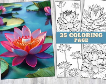 35 Lotus Flowers Coloring Pages, Printable PDF, Botanical Floral Plant Coloring Pages, Coloring Pages for Adults and Kids