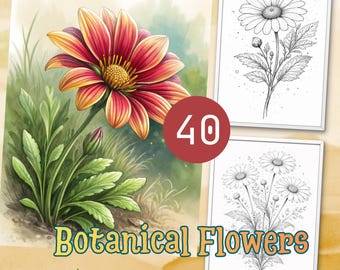 40 målarbilder med botaniska blommor - Utskrivbara blomsterkonst - PDF digital nedladdning - Vuxna och barn