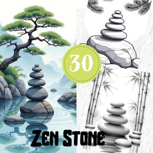 Könnte beinhalten: Eine Sammlung von 30 Zen Stone Malvorlagen mit Illustrationen von gestapelten Steinen, Bonsai-Bäumen und Bambusstangen. Die Bilder enthalten sowohl vollfarbige Szenen als auch schwarz-weiße Strichzeichnungen mit dem Text 30 ZEN STONE.