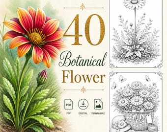 40 målarbilder med botaniska blommor - Utskrivbara blomsterkonst - PDF digital nedladdning - Vuxna och barn