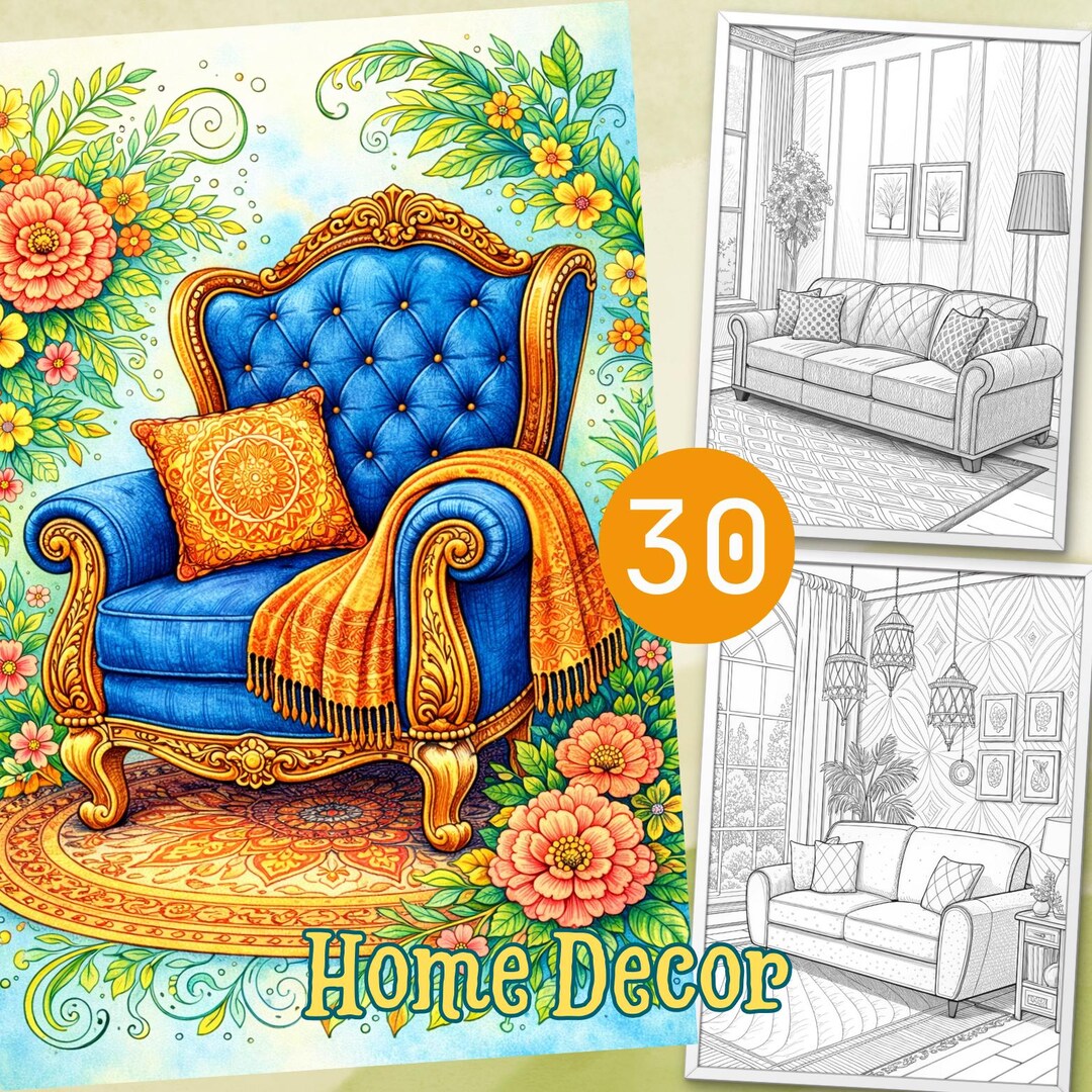 30 Home Decor Coloring Page, Adults Coloring Book, Digital Coloring ...
