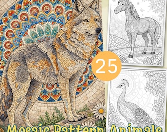 25 Mosaic Animal Coloring Pages | Adults Kids Coloring Pages | Stress Relief Art Therapy | Instant Digital Download