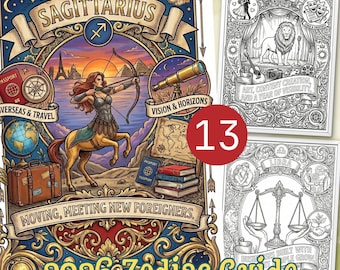13 Zodiac Signs Coloring Book - Printable Astrology Pages - Digital Instant Download - Grayscale Coloring for Adults