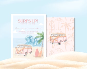 May include: A pink and brown vintage van with a surfboard on the beach. The text "SURFS UP! DANI TURNS ONE" is on the invitation. The invitation also says "Come catch some waves with us!" and "SATURDAY, JULY 4TH AT 2PM MALIBU BEACH, CA".