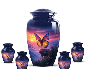 Urna funeraria personalizada con mariposa morada para cenizas – Urna conmemorativa con diseño de atardecer, urna funeraria para adultos, recuerdo conmemorativo, regalo de condolencia