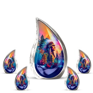 May include: A set of five teardrop-shaped pendants with a Native American portrait set against a colorful forest scene. The pendants have a silver-colored metal frame. The central pendant is larger than the surrounding four.