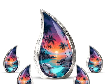 Urna de cremación personalizada con atardecer en la playa para cenizas. Urnas de recuerdo con temática tropical oceánica para cenizas humanas. Urna de cremación con forma de lágrima.