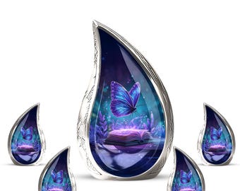 Urna conmemorativa personalizada con mariposa azul – urna con forma de lágrima con mariposa morada y libro – urnas de cremación para cenizas