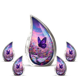 May include: A set of teardrop-shaped pendants with a silver-coloured metal frame. Each pendant displays a scene of a purple butterfly in a field of flowers under a sunset sky. The butterfly is the central element.