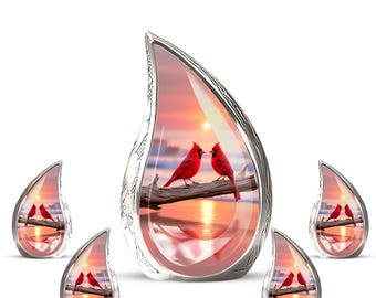Urna personalizada de Cardenal Rojo para cenizas humanas - Urna de recuerdo en forma de lágrima para cenizas - Urna de cremación con diseño de atardecer - Regalo de condolencia para amantes de las aves