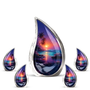 May include: Five teardrop-shaped pendants with a sunset beach scene. The pendants have a silver-coloured metal frame. The sunset scene features palm trees, a colourful sky, and ocean water.