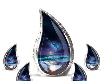 Urnas de cremación personalizadas con olas del océano: cielo nocturno galáctico y escena marina iluminada por la luna. Urna para cenizas humanas en forma de lágrima. Urna pequeña.
