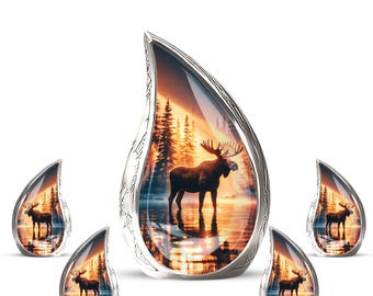 Urna de cremación personalizada de alce para cenizas humanas: recuerdo conmemorativo con un bosque al atardecer, regalo de condolencias, urna pequeña para cenizas.