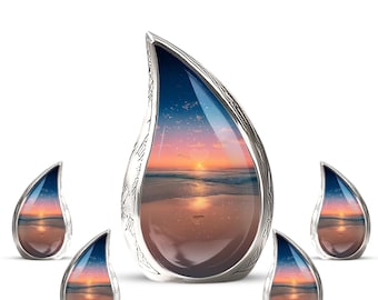 Urna funeraria personalizada con diseño de puesta de sol en la playa para cenizas humanas - Urna conmemorativa en forma de lágrima con diseño de océano para cenizas - Urnas conmemorativas artesanales con diseño de puesta de sol