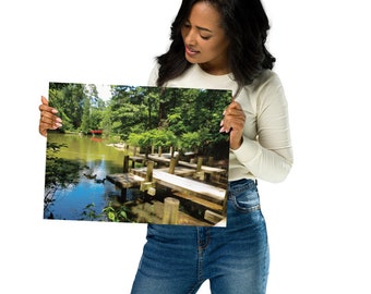 Poster of Lake in Duke Gardens, Durham, NC, Lake in Duke Gardens, Poster showing lake, Two Bridges, Two Ducks,