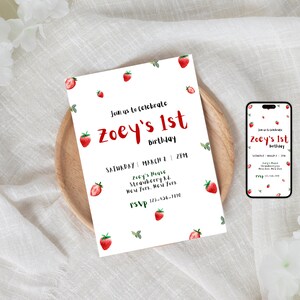 strawberry invitation, party invitation, strawberry birthday invitation, digital download, invitation template, instant download