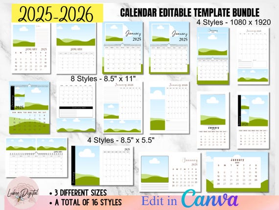 2025-2026 Calendar Template Bundle,Photo Yearly Calendar,Wall Calendar,Blank Calendar,Editable Calendar,Canva Editable Calendar,DIY Calendar