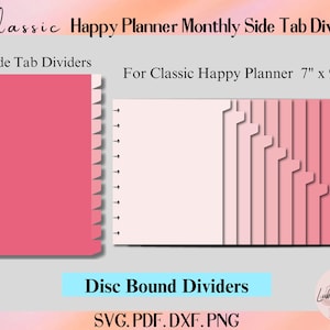 Pode incluir: Doze divisores de aba lateral rosa para um Happy Planner Classic, medindo 17,78 cm por 23,49 cm. Os divisores são projetados para planejadores de encadernação em disco e estão disponíveis nos formatos SVG, PDF, DXF e PNG.
