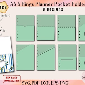 May include: Digital planner pocket folders in various designs. The image shows eight different designs in shades of green, with options for A6 Euro Standard (4.13" x 5.83"), Personal (3.75" x 6.75"), and Personal Wide (4.75" x 6.75") sizes. The image also includes a floral design.