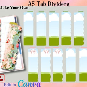 May include: A set of A5 tab dividers featuring two distinct designs: one with a floral pattern on a wood-like background and another with a landscape illustration of a green field, blue sky, and white clouds, some with pink bow accents.