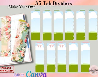 CANVA A5 Bookmark Divider Tabs,Editable Folder Tabs,Make Your Own CANVA Drag and Drop Journal Tabs,Planner Tab PDF