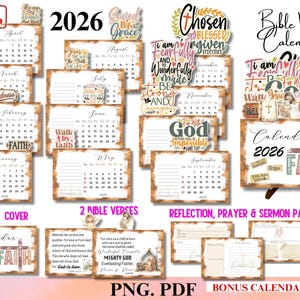 May include: A 2026 Bible Verses Calendar with a rustic design. The calendar includes monthly pages, inspirational quotes, and a bonus calendar stand. The design features a cross, the word "Faith", and the text "Instant Download".