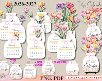 2026-2027 Tulips Calendar,Printable Flowers Desk Calendar PNG for Cricut Cut File,Watercolor Floral Calendar BotanicalPlant Lover Gift