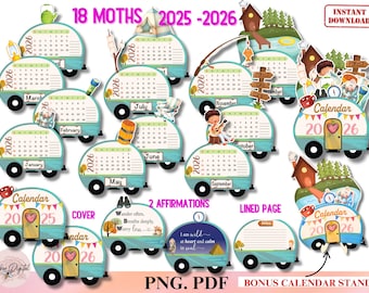 Calendrier de bureau 2025-2026 pour camping-car, calendrier de camping nature, mini calendrier à imprimer pour camping-car, agenda de cadeaux pour les amateurs de livres PNG