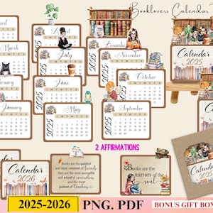 Puede incluir: Una plantilla de calendario imprimible para amantes de los libros para 2025 y 2026. El calendario presenta una ilustración de acuarela de libros, una estantería y un gato. El texto "Booklovers Calendar Template" está en la parte superior de la imagen. El texto "Calendar 2025" y "Calendar 2026" está en las páginas del calendario. El texto "2 Affirmations" está en la parte inferior de la imagen. El texto "Books are the quietest and most constant of friends they are the most accessible and wisest of counselors and the most patient of teachers" está en una tarjeta. El texto "Books are the mirrors of the soul" está en otra tarjeta.