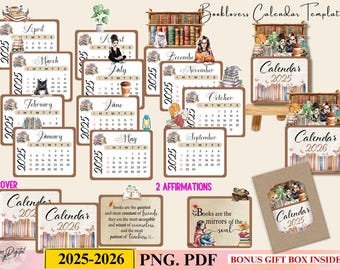 2025-2026 Desk Calendar Book Lovers Bookworm Calendar, Book Lady Calendar, Cat Calendar Mini Printable Calendar,PNG Book Lovers Gift Planner
