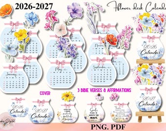 Bloemenbureaukalender 2026-2027, afdrukbare bloemen bureaukalenderbevestiging png-bestand voor Cricut, aquarel bloemenkalender botanische printables