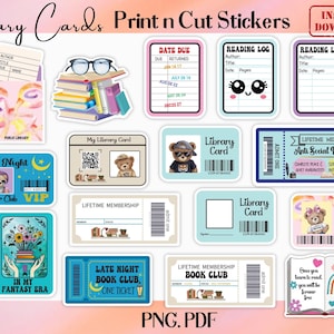 Pegatinas PNG imprimibles de préstamo de libros de la biblioteca, pegatinas de lectores amantes de los libros, pegatinas personalizadas para tarjetas de biblioteca de diario para imprimir y luego cortar, boletos de libros