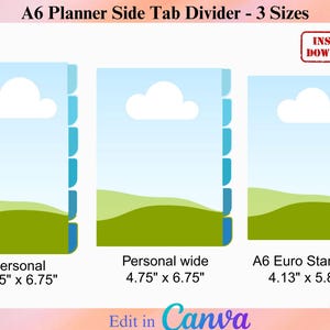 Może przedstawiać: Trzy dzielniki zakładek bocznych do planera w różnych rozmiarach: Personal (9,5cm x 17,1cm), Personal wide (12,1cm x 17,1cm) i A6 Euro Standard (10,5cm x 14,8cm). Każdy dzielnik przedstawia niebo i chmury nad zielonym krajobrazem. U góry znajduje się tekst "A6 Planner Side Tab Divider - 3 Sizes".