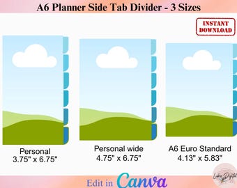 CANVA A6 6 Side Tabs divider,Editable Folder Tabs,Make Your Own CANVA Drag and Drop Journal Tabs,A6 Personal Planner
