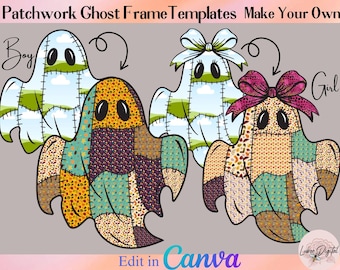 May include: Digital illustration of patchwork ghost frame templates. The ghosts are in a variety of colors and patterns, with some featuring bows. Text includes "Boy" and "Girl", and "Edit in Canva".