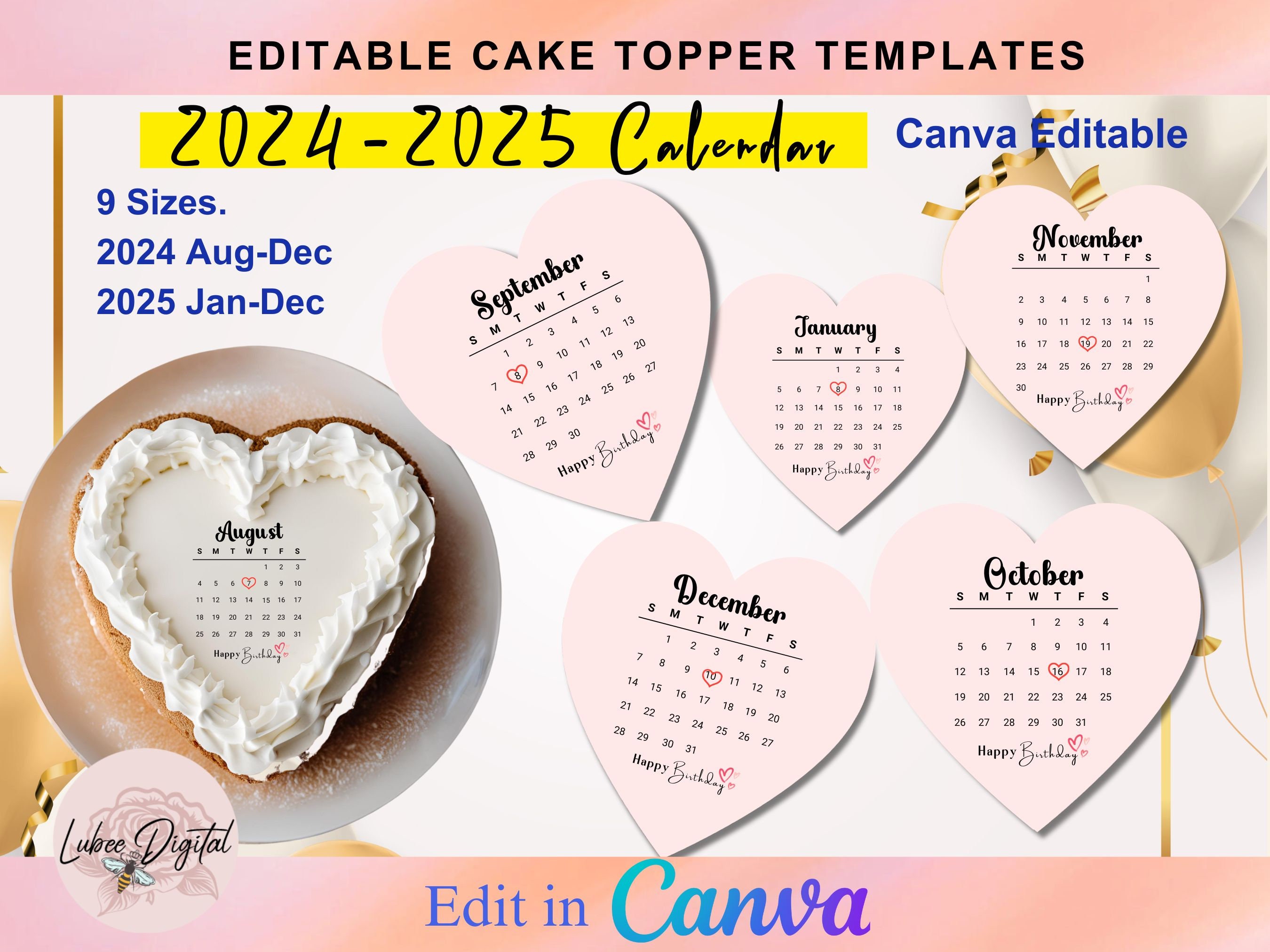 Canva Editable Heart Cake Calendar,burn Away Calendar Cake Topper ...